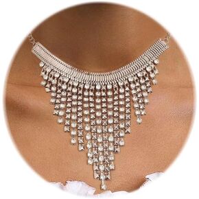 ELABEST Rhinestone Necklaces Crystal Tassel Choker Statement Necklace for Women and Girls