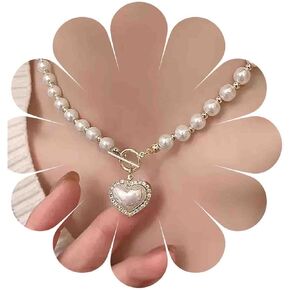 Vintage Pearl Necklace Choker Boho Pearl Heart OT Necklace Gold Pearl Strand Necklace Crystal Heart Toggle Necklace Chain Jewelry for Women and Girls