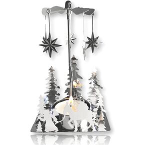 Nativity Candle Spinner - Laser Cut Plated Silver Tea Light Holder with a Nativity Scene and Moravian Stars - Scandinavian Design Candle Holder 5" H X 3 1/2" L