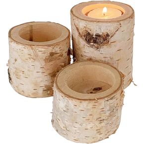 Rustic Wedding Birch Log Tealight Candle Holder Wood Table Decor Wooden Candle Holder Party Decoration (Pack of 3(Assorted Height))