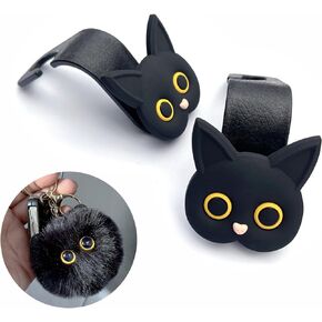 Cute Cat Car Accessories Cartoon Vehicle Storage Hooks Hanger for Purses and Bags, Universal Car Seat Headrest Holder, Seat Back Organizer (Black cat Hooks+ Keyring)
