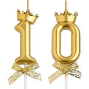 10th Birthday Candles, Gold 10 Year Old Number Birthday Candles for Boys Girls, Happy Birthday Party Cake Topper Decoration Gifts for 10th Wedding Anniversary Celebration