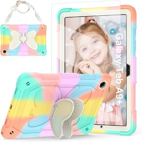 for Samsung Galaxy Tab A9+/ A9 Plus Case for Kids Girls, Galaxy Tab A9 Plus 11 inch 2023 Table Case with Screen Protector, Protective Case with Butterfly Stand Shoulder Strap,Multicolor