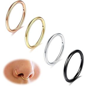Surgical Steel Nose Rings Hoops - 4pcs Hypoallergenic 20G 16G 18G Hoop Nose Rings for Women Men, Hinged Clicker Nose Rings, Septum Rings, Small Lip Rings, Helix Cartilage Earring Piercing 6mm 7mm 8mm 9mm 10mm in Kuwait