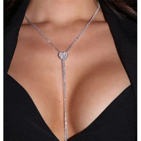Rhinestones Beads Y Choker with Heart Pendant Silver Necklace for Women Girls Nightclub Jewelry