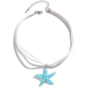 Blue Drop Starfish Necklace For Women Girls Boho Layered Starfish Pendant Choker White Velvet Necklace Summer Beach Necklaces Jewelry Gifts