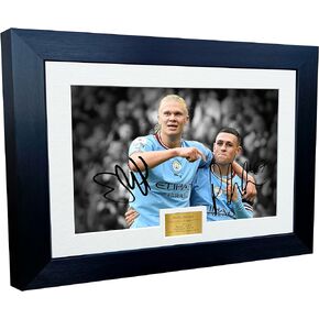 12x8 A4 Erling Haaland Phil Foden Hat-tricks Manchester City vs Utd Autographed Signed Photo Photograph Picture Frame Football Soccer Poster Gift Gold