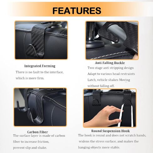 4 قطع خطافات مسند رأس مقعد السيارة، خطاف خلفي قوي مخفي للكرسي، خطاف مسند رأس تخزين السيارة، ملحقات داخلية للسيارة، عالمية للمحفظة وحقيبة البقالة (ألياف الكربون أسود) in Kuwait