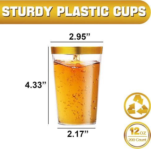 200 Pack Gold Plastic Cups, 12 Oz Clear Plastic Cups, Gold Rimmed Plastic Cups, Disposable Wine Glasses, Disposable Cups, Elegant Party Cups With Gold Rim For Wedding, Thanksgiving, Christmas in Saudi Arabia