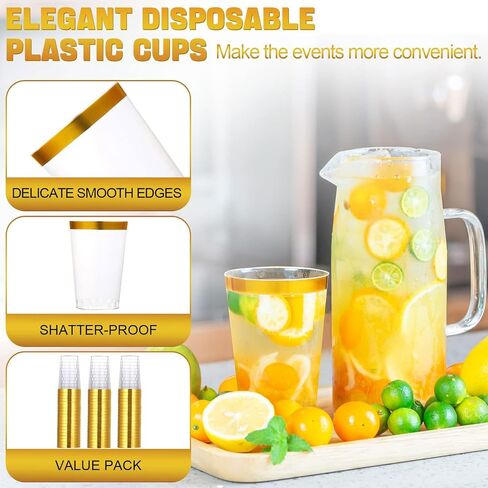 200 Pack Gold Plastic Cups, 12 Oz Clear Plastic Cups, Gold Rimmed Plastic Cups, Disposable Wine Glasses, Disposable Cups, Elegant Party Cups With Gold Rim For Wedding, Thanksgiving, Christmas in Saudi Arabia