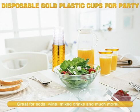 200 Pack Gold Plastic Cups, 12 Oz Clear Plastic Cups, Gold Rimmed Plastic Cups, Disposable Wine Glasses, Disposable Cups, Elegant Party Cups With Gold Rim For Wedding, Thanksgiving, Christmas in Saudi Arabia