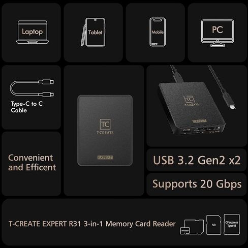 T-Create Expert R31 USB Type-C 3.2 Gen2 x 2 Transfer Speeds Up to 20Gbps /MicroSD, SD, and CFexpress Type B Memory Card Reader for Photographers, Professional Filmmakers &Content Creators TWR31B03 in Saudi Arabia