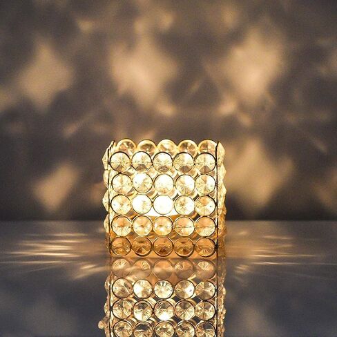 Prisha India Craft Golden Crystal Tealight Holder Decorative Candle Holder for Party Decoration | Height 2.00", Length 3.00", Width 3.00" Inch in Saudi Arabia
