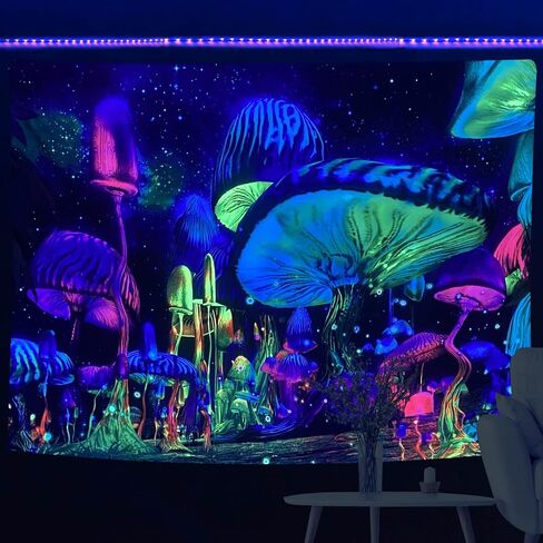 JISHUIWH Blacklight Tapestry,Mushroom Tapestry for Bedroom Aesthetic,Cool Tapestry for Bedroom,Wall tapestry Poster,Room Decor for Teengirls (59"x50", clour001-blacklight mushroom) in Saudi Arabia