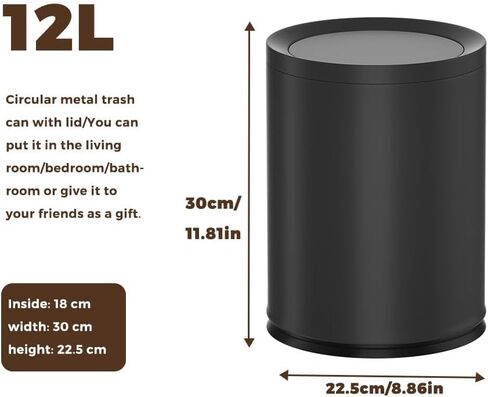 12L/3GAL Matte Black Trash can Bathroom,Garbage can with Swing lid,Cute Trash can for Bathroom, Bedroom,Living Room,Office,Laundry,Hotel,Bank in Saudi Arabia