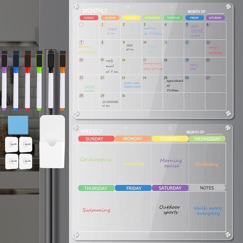 تقويم أكريليك مغناطيسي للثلاجة، لوح مسح جاف من الأكريليك الشفاف مقاس 17 بوصة × 12 بوصة شهريًا وأسبوعيًا للثلاجة، تقويم شفاف قابل لإعادة الاستخدام للثلاجة مع 6 ألوان علامات مغناطيسية/حامل أقلام/ممحاة in Kuwait