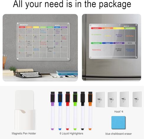 تقويم أكريليك مغناطيسي للثلاجة، لوح مسح جاف من الأكريليك الشفاف مقاس 17 بوصة × 12 بوصة شهريًا وأسبوعيًا للثلاجة، تقويم شفاف قابل لإعادة الاستخدام للثلاجة مع 6 ألوان علامات مغناطيسية/حامل أقلام/ممحاة in Kuwait