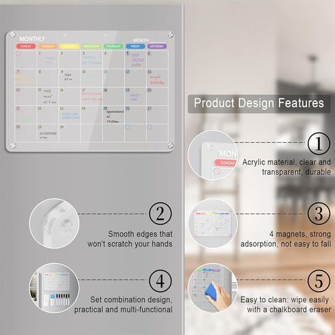 تقويم أكريليك مغناطيسي للثلاجة، لوح مسح جاف من الأكريليك الشفاف مقاس 17 بوصة × 12 بوصة شهريًا وأسبوعيًا للثلاجة، تقويم شفاف قابل لإعادة الاستخدام للثلاجة مع 6 ألوان علامات مغناطيسية/حامل أقلام/ممحاة in Kuwait