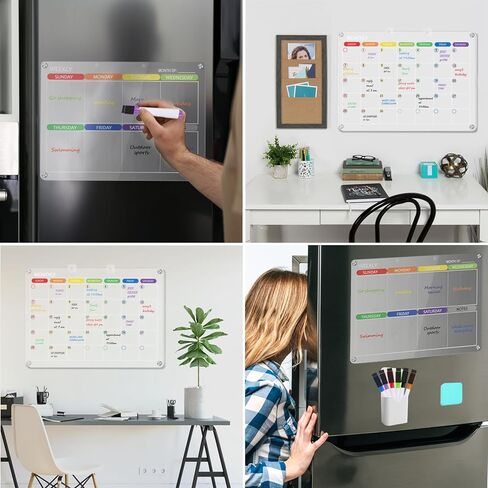 تقويم أكريليك مغناطيسي للثلاجة، لوح مسح جاف من الأكريليك الشفاف مقاس 17 بوصة × 12 بوصة شهريًا وأسبوعيًا للثلاجة، تقويم شفاف قابل لإعادة الاستخدام للثلاجة مع 6 ألوان علامات مغناطيسية/حامل أقلام/ممحاة in Kuwait