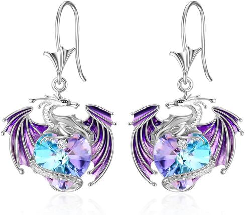 أقراط تنين من الفضة الإسترلينية متدلية على شكل تنين مع كريستال أرجواني هدية للنساء والفتيات in Kuwait