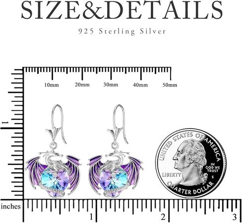 أقراط تنين من الفضة الإسترلينية متدلية على شكل تنين مع كريستال أرجواني هدية للنساء والفتيات in Kuwait