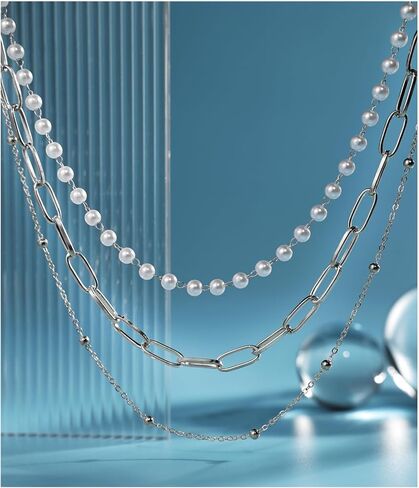 Pearl Chunky Layered Necklace Silver Gold Paperclip Layered Necklaces for Women Pearl Layer Chain Necklace for Girls in Saudi Arabia