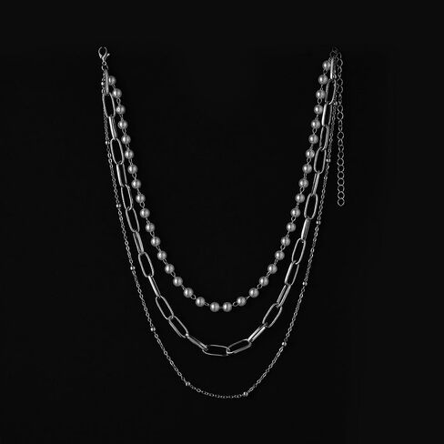 Pearl Chunky Layered Necklace Silver Gold Paperclip Layered Necklaces for Women Pearl Layer Chain Necklace for Girls in Saudi Arabia
