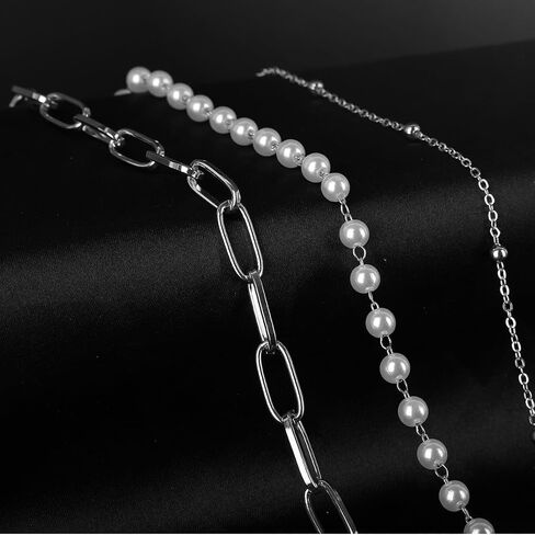 Pearl Chunky Layered Necklace Silver Gold Paperclip Layered Necklaces for Women Pearl Layer Chain Necklace for Girls in Saudi Arabia