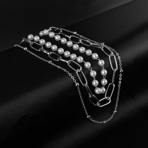Pearl Chunky Layered Necklace Silver Gold Paperclip Layered Necklaces for Women Pearl Layer Chain Necklace for Girls in Saudi Arabia