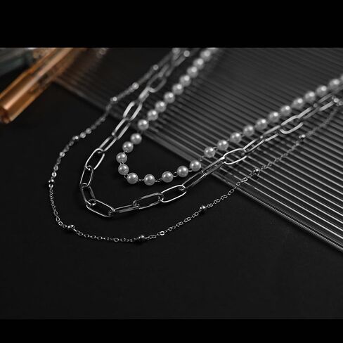 Pearl Chunky Layered Necklace Silver Gold Paperclip Layered Necklaces for Women Pearl Layer Chain Necklace for Girls in Saudi Arabia