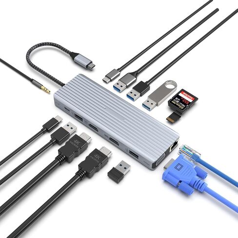 محطة إرساء TOTU USB C، محول USB C 14 في 1 مع 2 * 4K HDMI، VGA، USB A 3.1، USB C 3.1، 4 * USB A 2.0، Gigabit Ethernet، SD&TF، 100W PD، مقبس 3.5 مم، متوافق مع معظم الأنواع أجهزة ج in Saudi Arabia