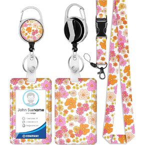 Plifal ID Badge Holder with Lanyard and Retractable Badge Reel Clip, Cute Flowers Name Tag Lanyard Vertical ID Protector Bage Clips for Nurse Nursing Doctor Teacher Student Women