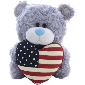 Plushland American Pillow Qbeba Bear, Plush Stuffed Animal Toy Holding a Heart Printed American National Flag, Celebrate Independence Day 4th July, for Kids (Gray)