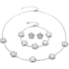 Clover Neckalce Bracelet Earring Set for Women 14K Gold Plated Stainless Steel Four Leaf Clover Jewelry Set Lovely Gift for Her