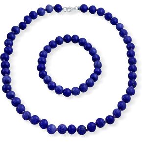 Classic Elegant Simulated Blue Lapis Lazuli Turquoise Color 7MM Ball Beads Strand Necklace Stretch Bracelet Set Western Jewelry For Women .925 Silver Clasp
