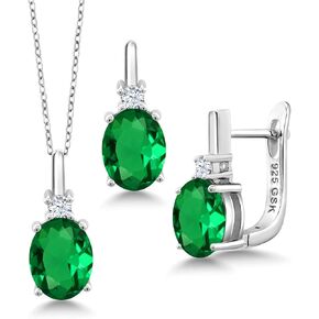 Gem Stone King 925 Sterling Silver Green Simulated Emerald and White Created Sapphire Pendant and Earrings Jewelry Set For Women (6.95 Cttw, with 18 inch Chain)