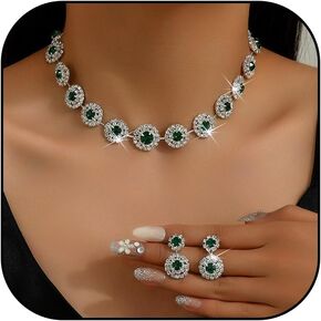 HUASAI Silver Jewelry Set Wedding Jewelry Sets for Brides Bridesmaid Crystal Necklace and Earrings Set Formal Prom Accessories for Wedding Day Costume Jewelry for Women
