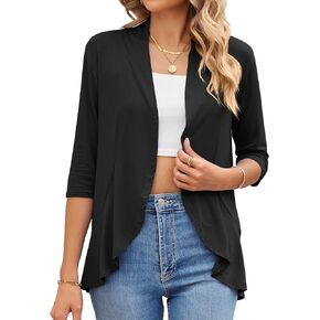 Womens Summer 3/4 Sleeve Open Front Cardigan Lightweight Draped Ruffle Casual Tops