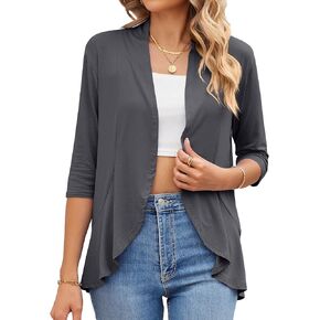 Womens Summer 3/4 Sleeve Open Front Cardigan Lightweight Draped Ruffle Casual Tops