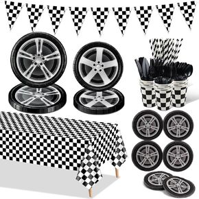 Racing Car Birthday Party Decorations, Car Wheel Party Supplies, Plates, Tire Napkins, Black Checkered Tablecloth, Cups, Cutlery for Kids' Racing Sports Themed Birthday Party, Serves 20