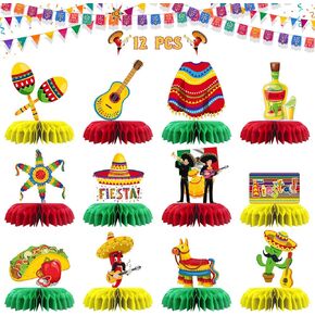 Mexican Fiesta Table Honeycomb Centerpieces, Taco Party Cinco De Mayo Taco Party 3D Honeycomb Table Toppers Birthday Wedding Party Table Decorations Fiesta Favor Photo Booth Props 12 PCS