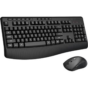 Wireless Keyboard and Mouse Combo, E-YOOSO 2.4GHz Full-Sized Ergonomic Wireless Keyboard with Wrist Rest, 3 DPI Adjustable and 6 Buttons Cordless USB Mouse for Computer, Laptop, PC, Windows (Black)