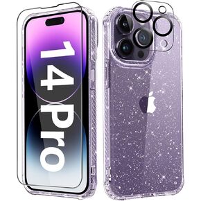 MIODIK Clear Glitter Case for iPhone 14 Pro, [Military-Grade Protective] with Screen Protector + Camera Protector, [Non-Yellowing] Slim Shockproof Women Cute Bumper Cover 6.1" 2022 (Sparkle Black)