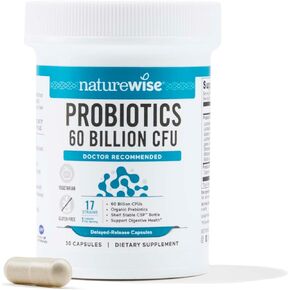 NatureWise Probiotics 60 Billion CFU - 17 Strains + Organic Prebiotics - Immune, Digestive & Gut Health Probiotic for Women & Men - Vegetarian, Gluten-Free, Non-GMO - 30 Capsules[1-Month Supply]