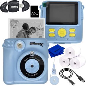 Ultimaxx Essential Instant Print Camera with 4 Games (Blue) & 16X Zoom for Kids Toddler Boys Gift Bundle - Includes: 32GB SD Card, High-Speed Reader, Lanyard, Microfiber Cloth & More (9pc Bundle)
