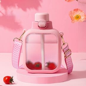 24 Oz Square Transparent Water Bottle, Cute Portable Travel Canteen with Adjustable Strap 700ml (Green)