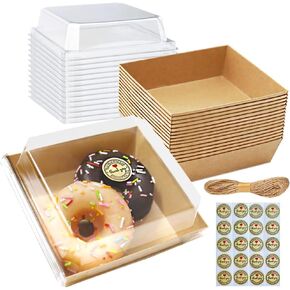 15 Pack Paper Charcuterie Boxes with Clear Lids, 5.3 Inches Disposable Bakery Boxes, To Go Food Containers for Bakery Dessert, Slice Cake, Sandwich, Cookie(Stickers and Twine Included) (Brown-15pack)