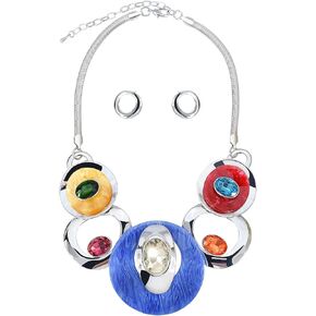 Vintage Women's Geometric Links with Oval Stone Crystals Pendant Statement Collar Necklace and Earrings Set
