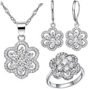 Uloveido Women's Platinum Plated Cubic Zirconia Flower Pendant Necklace Hoop Earrings and Rings Set Crystal Wedding Jewelry T489