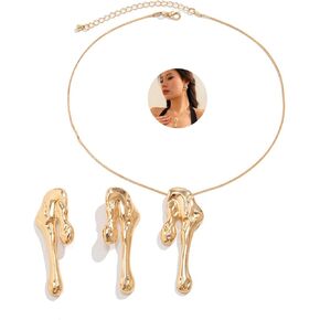 Irregular Gold Statement Earring Necklace Set for Women Girls Teen Chunky Teardrop Dangle Earrings Liquid Metal Thick Geometric Necklaces Dainty Jewelry Gifts